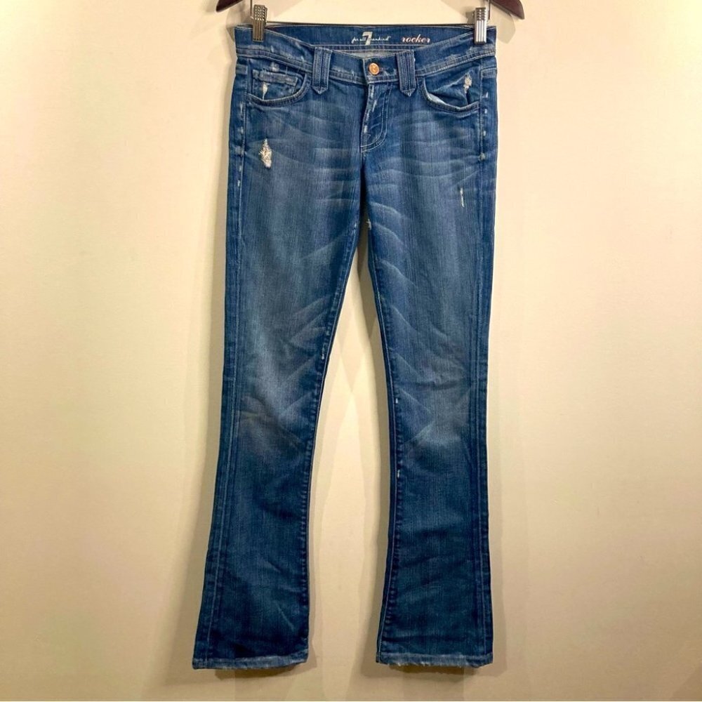 7 FOR ALL MANKIND Sz 26 Rocker Distressed Mid-Wash Wiskering  Low Rise Jeans